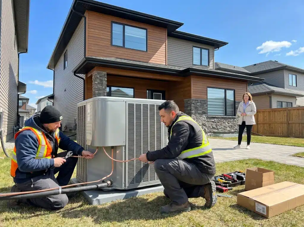 Technicians installing a new central air conditioning unit outside a Calgary home
