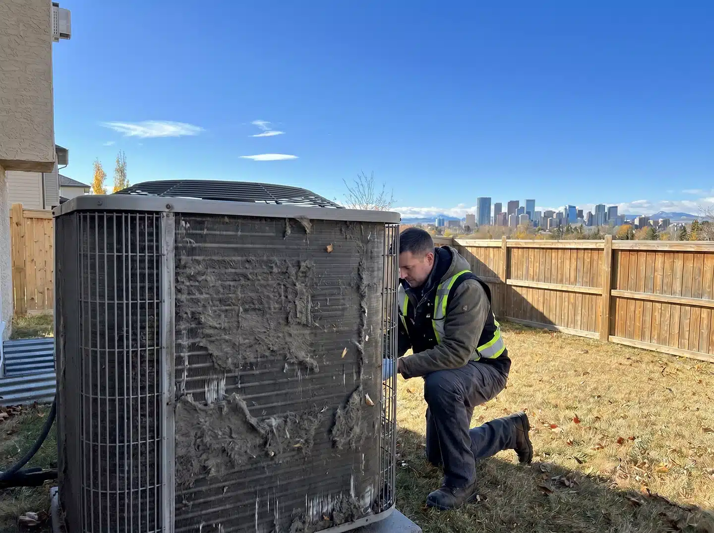 Technician cleaning dust and debris from an outdoor air conditioner coil in dry conditions
