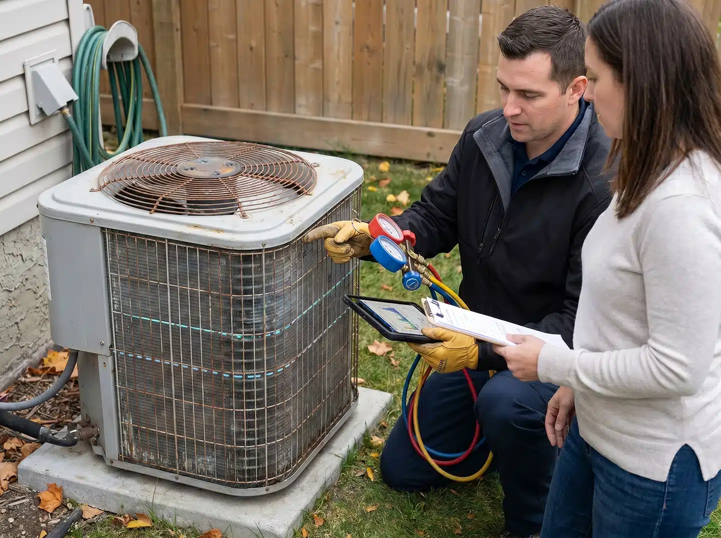 Technician measuring refrigerant levels on an outdoor unit while a homeowner looks on