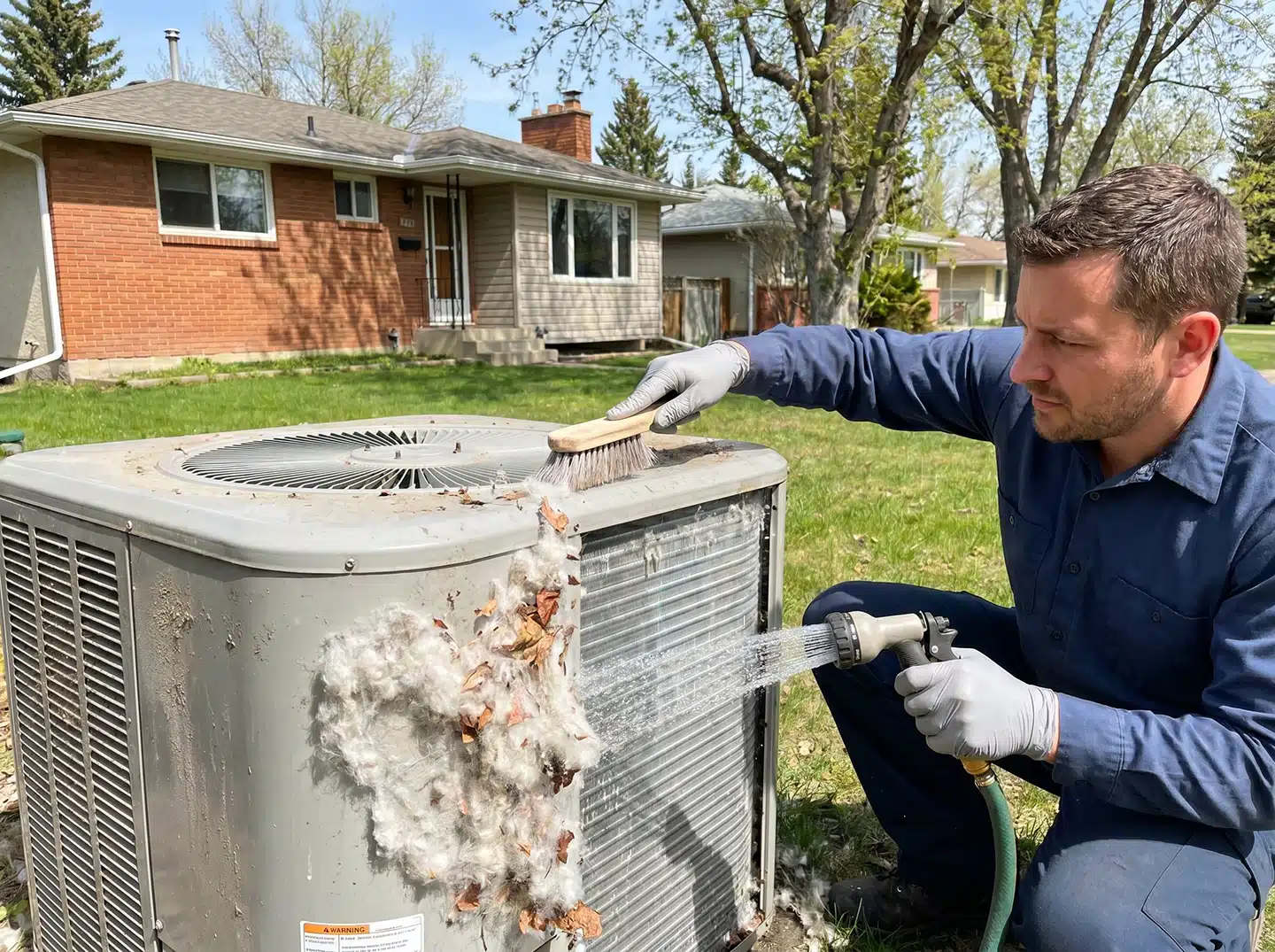 Technician cleaning cottonwood fluff and debris from an outdoor condenser coil