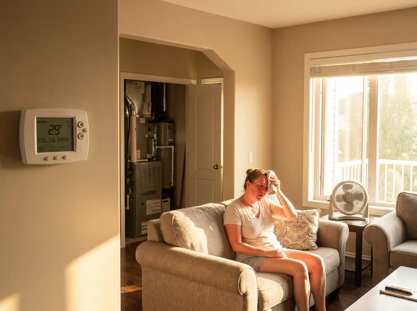 Homeowner using a fan indoors during a summer air conditioning breakdown