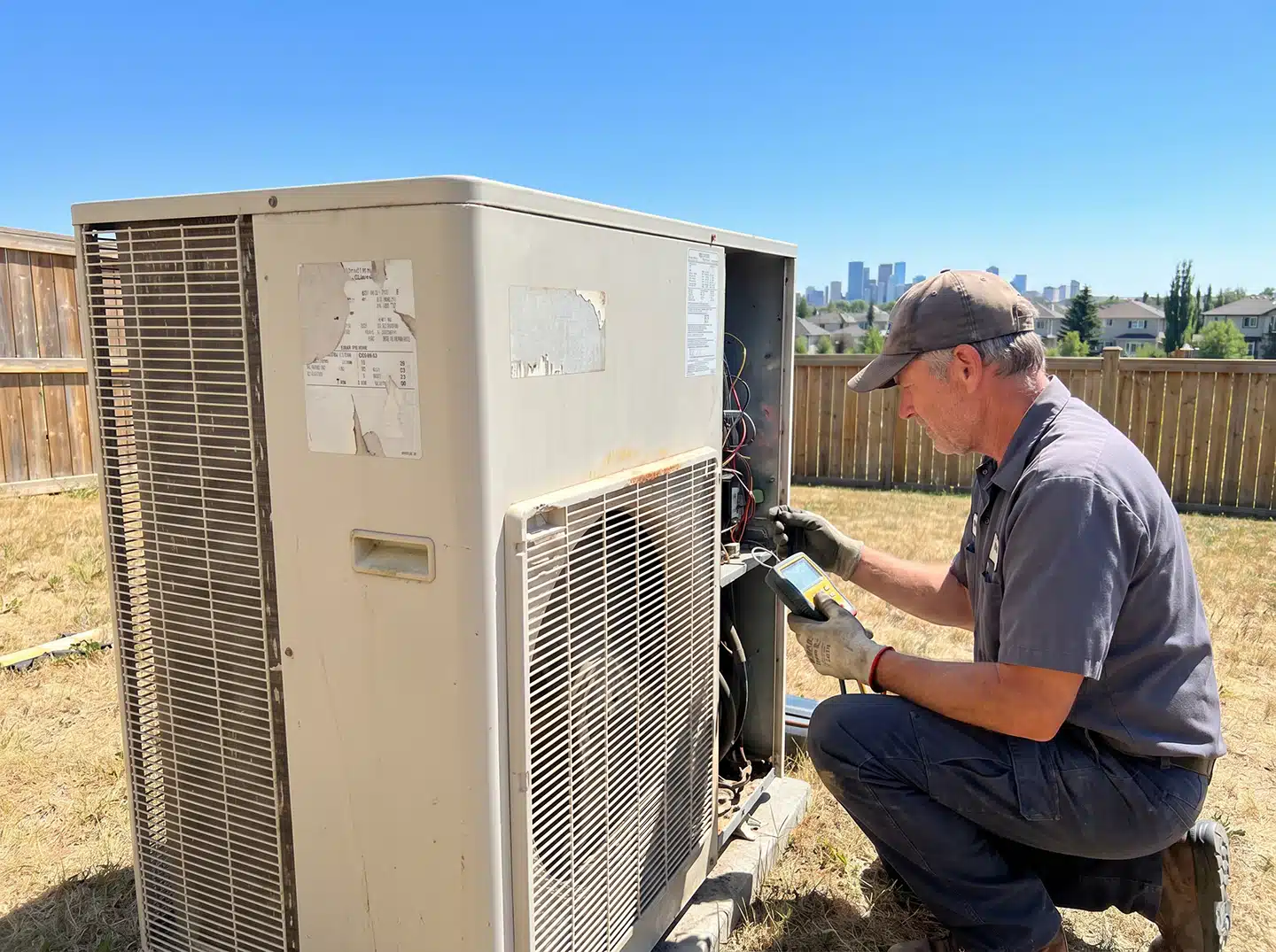 Technician inspecting an aging outdoor air conditioner unit for UV and weather damage