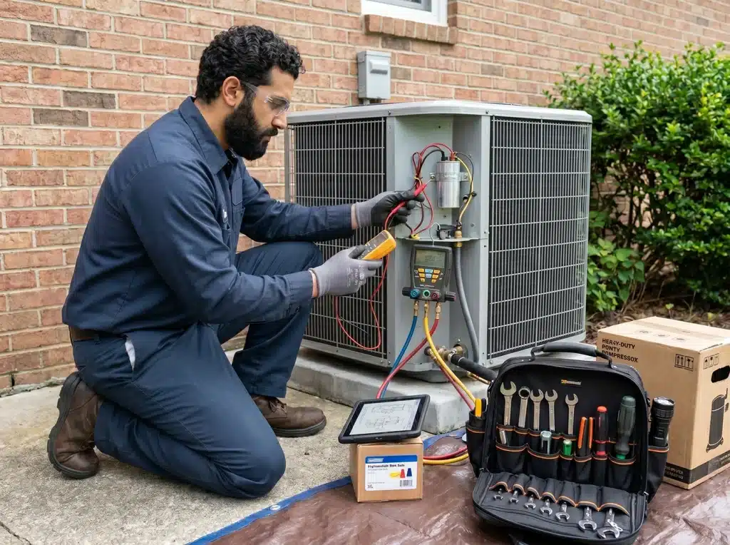 Technician diagnosing an air conditioner unit's electrical and refrigerant components
