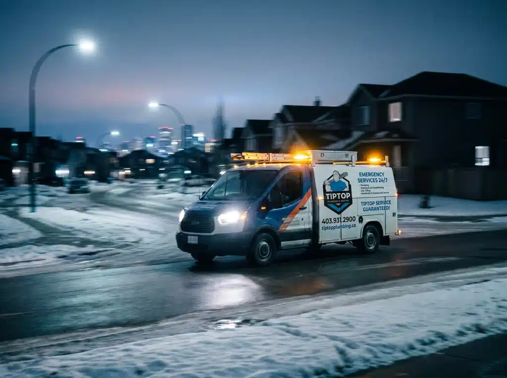 TipTop emergency plumbing van responding to a call on a snowy Calgary street