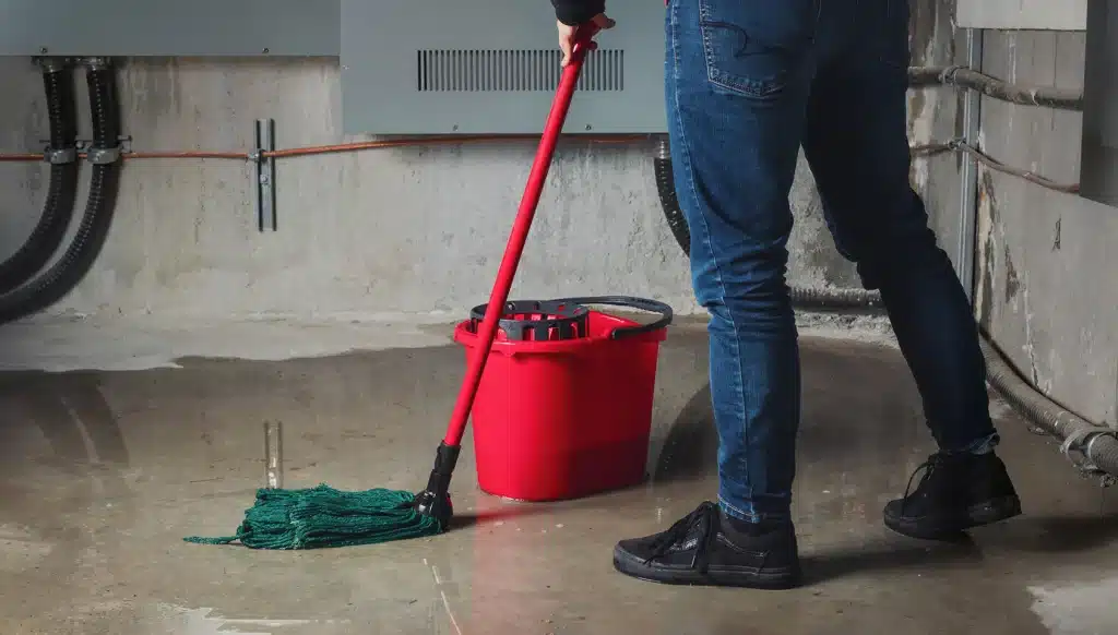 Mopping up basement flooding and water damage on a concrete floor