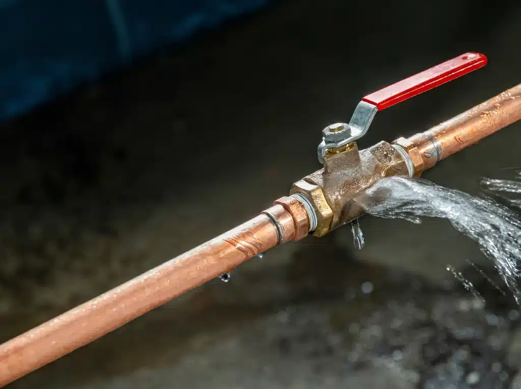 Water spraying from a burst copper pipe during a winter plumbing emergency