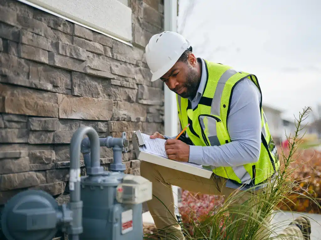 Technician inspecting a gas meter and taking notes after a gas leak call