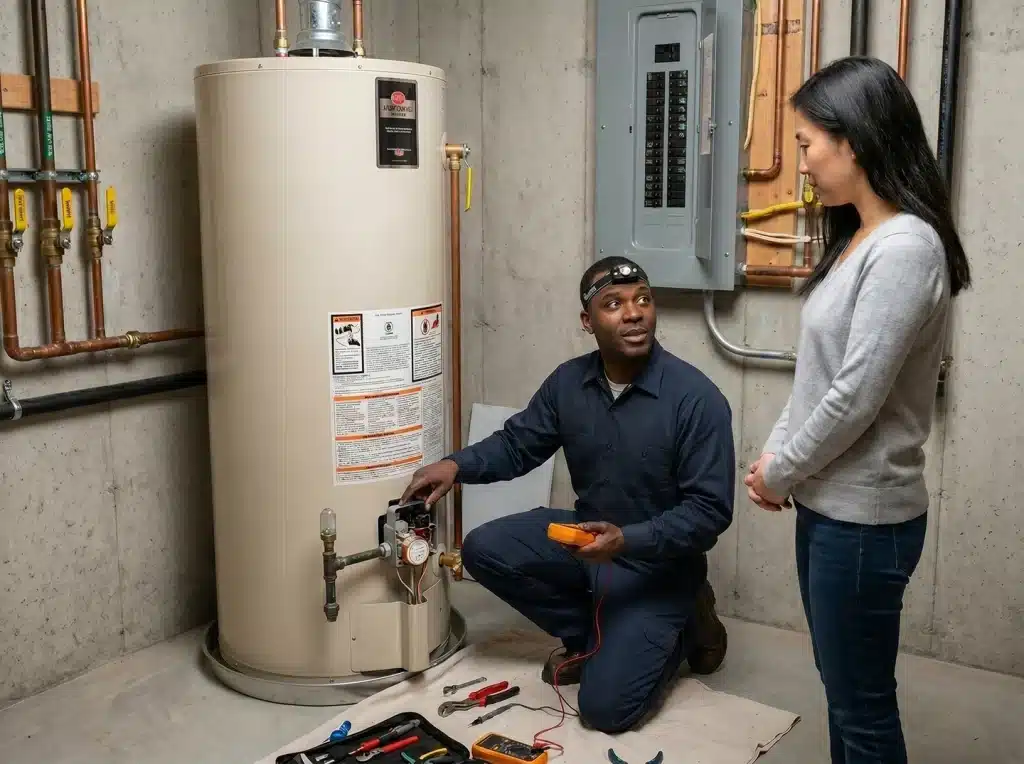 Technician diagnosing a hot water tank issue while a homeowner looks on