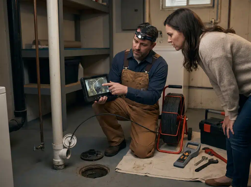 Technician showing a homeowner sewer camera footage during a blocked drain inspection