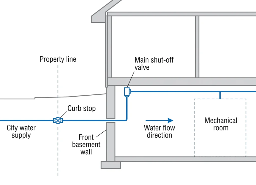 Diagram showing the location of a home's main water shut-off valve and curb stop