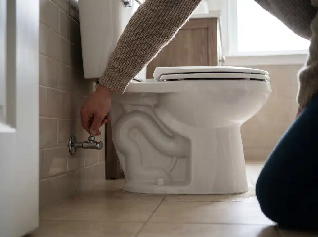 Hand shutting off the water supply valve behind an overflowing toilet