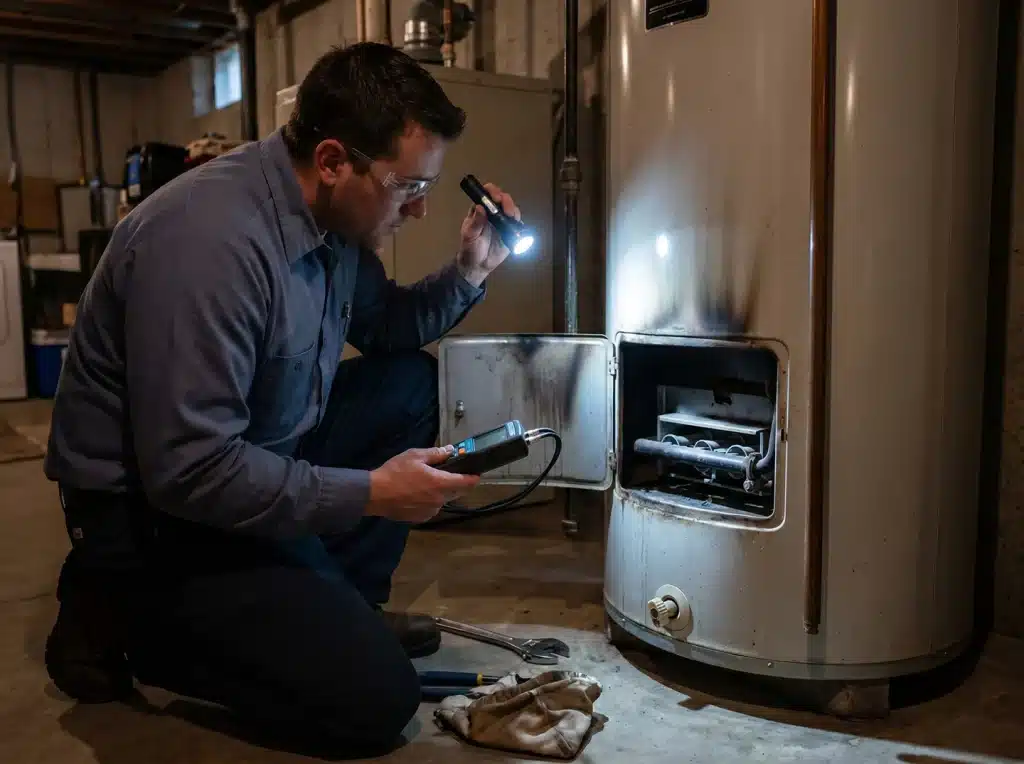 Technician inspecting a water heater burner with a flashlight during an emergency repair