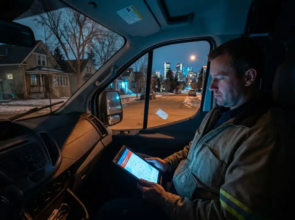 Plumber checking a dispatch tablet inside a service van during a night emergency call
