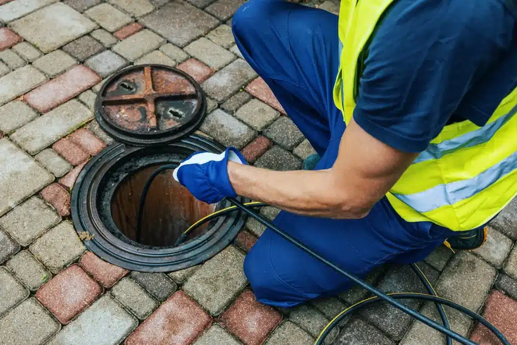 Technician clearing a sewer cleanout access point during an emergency drain response