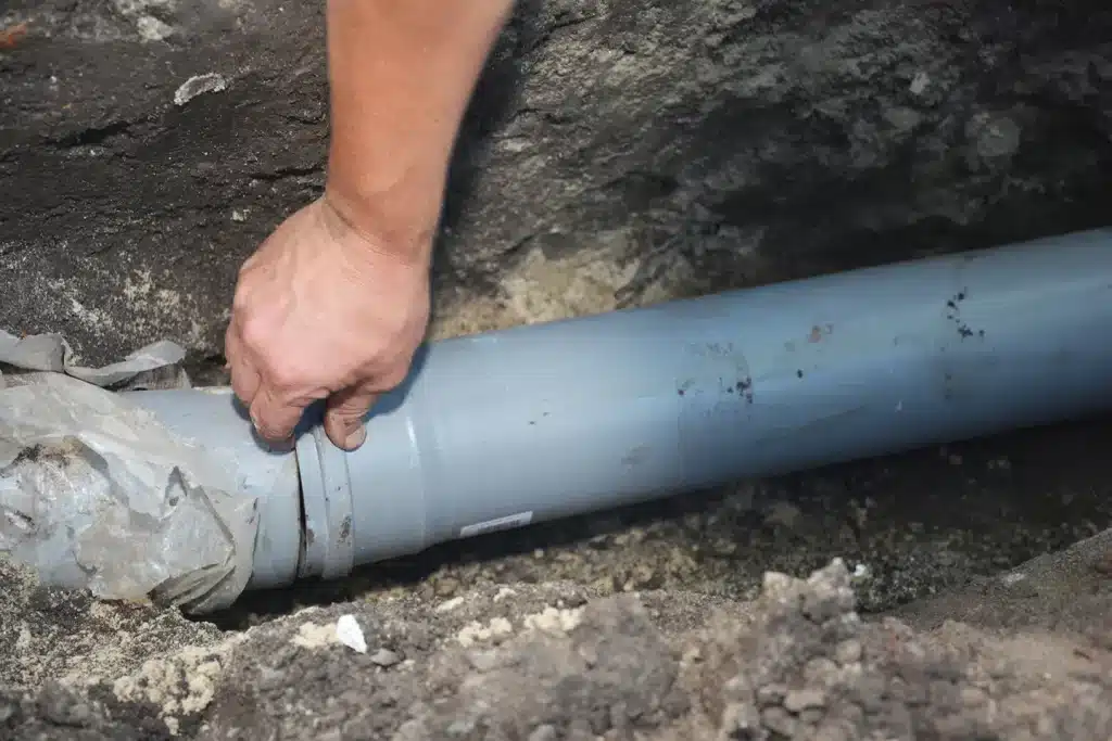 Technician repairing a cracked sewer pipe in an excavated trench