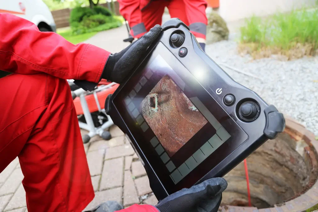 Technician viewing live footage from an HD sewer camera inspection monitor