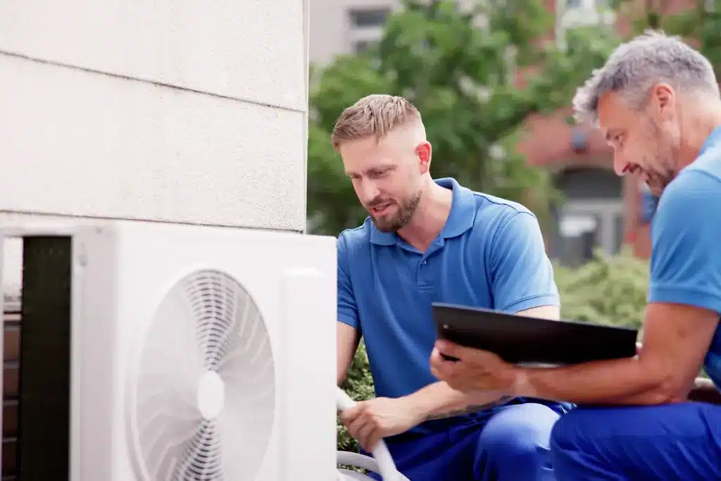 Two technicians reviewing installation details next to a new air conditioner unit