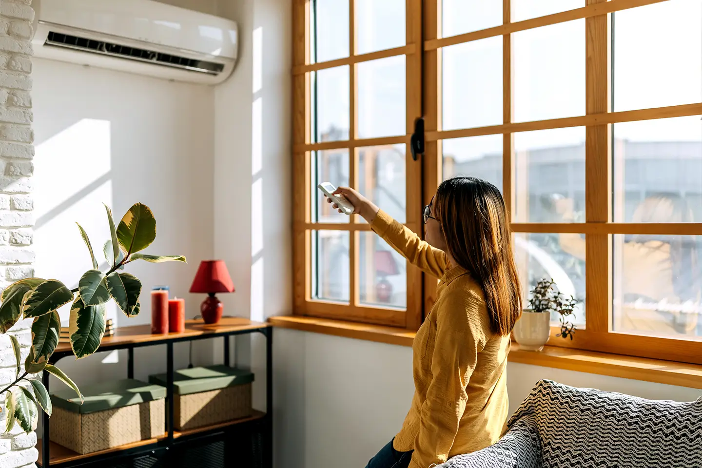 Homeowner adjusting an indoor air conditioning unit remote during a summer heatwave