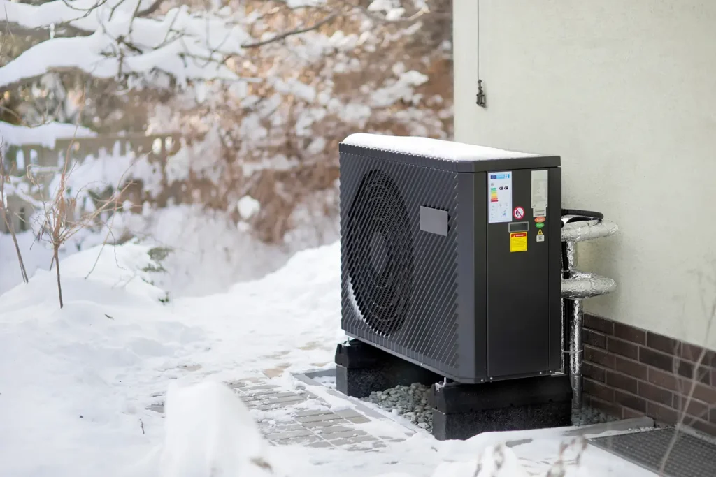 Cold-climate heat pump unit installed outdoors and operating in winter snow conditions