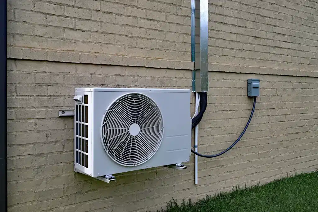 Ductless mini-split outdoor unit mounted on the exterior wall of an older Calgary home