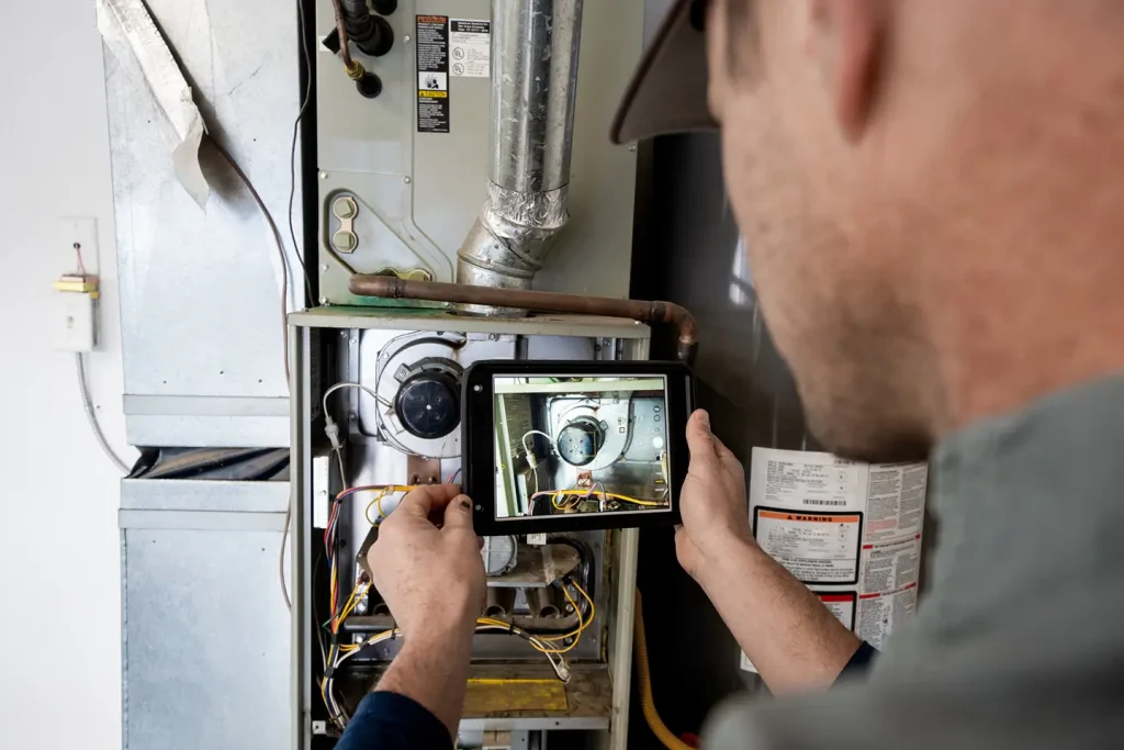 Technician using a tablet to document furnace model details for brand compatibility