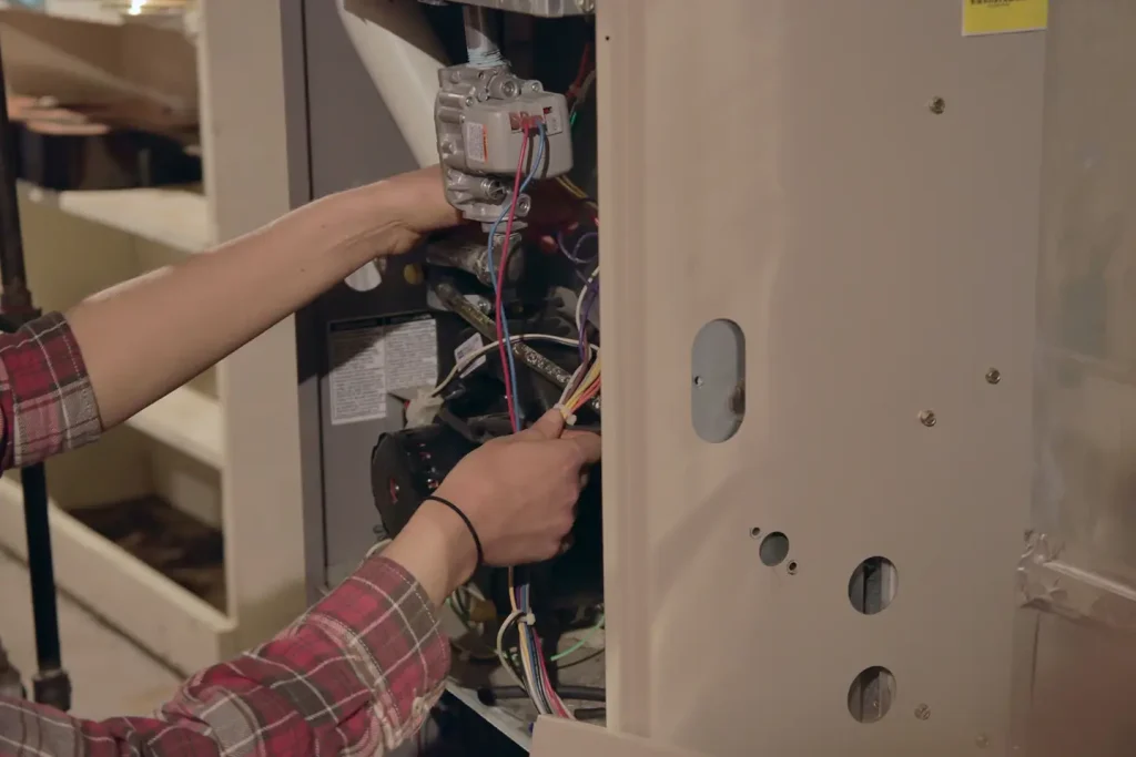 Technician disconnecting gas lines during old furnace removal