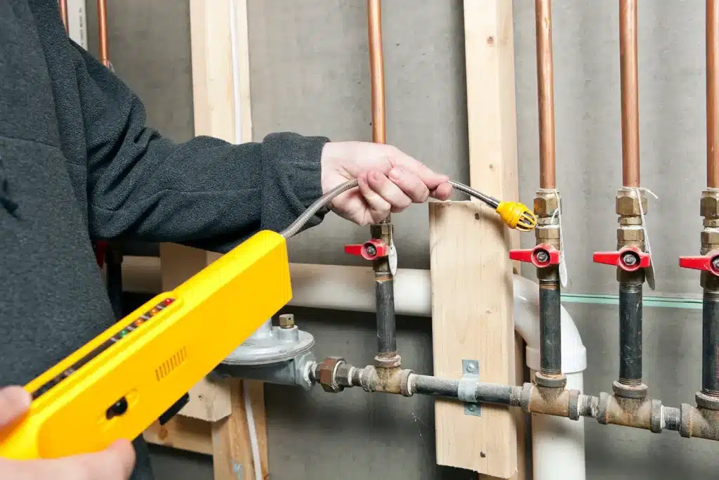Licensed gas fitter testing gas line connections with a leak detector