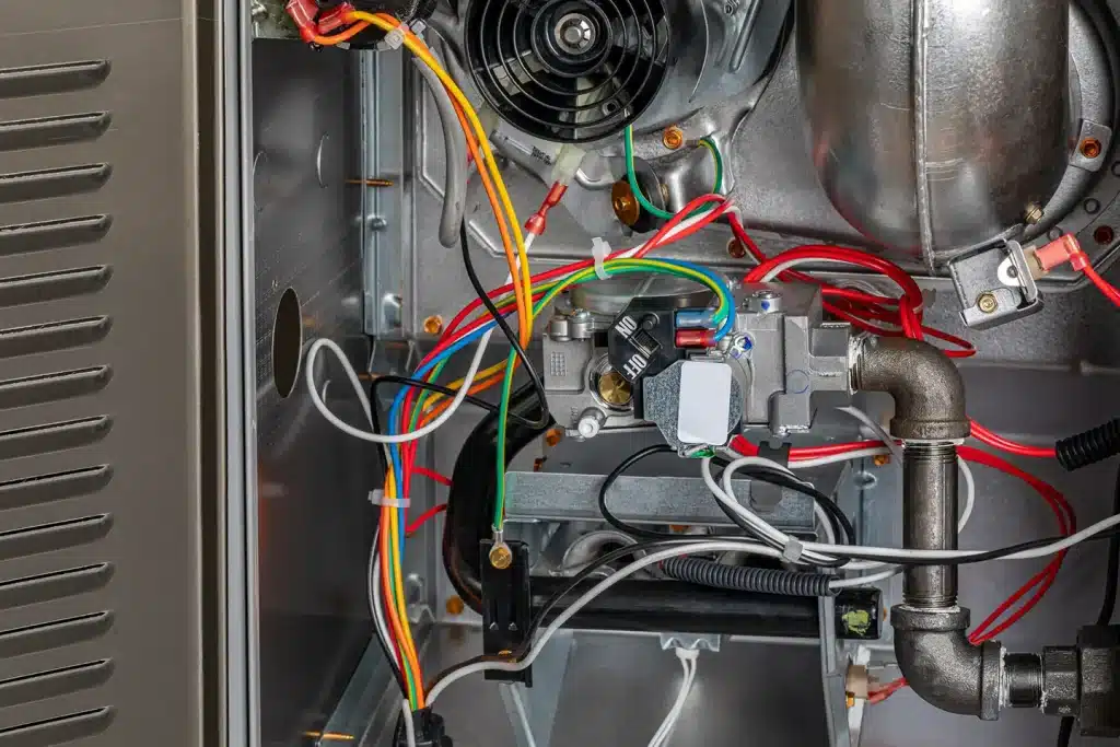 Interior view of furnace wiring and components affecting installation cost