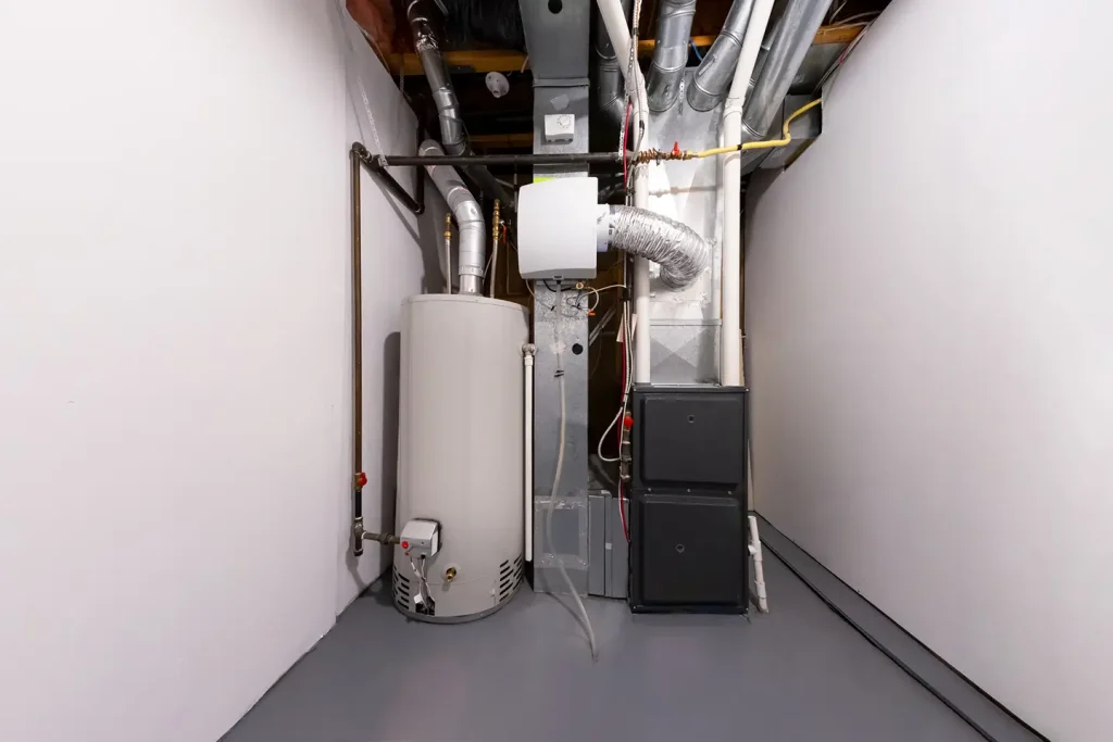 Home mechanical room showing furnace, hot water tank, and humidifier setup that affects maintenance costs