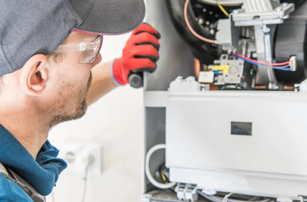Technician inspecting furnace internal components during a spring maintenance check