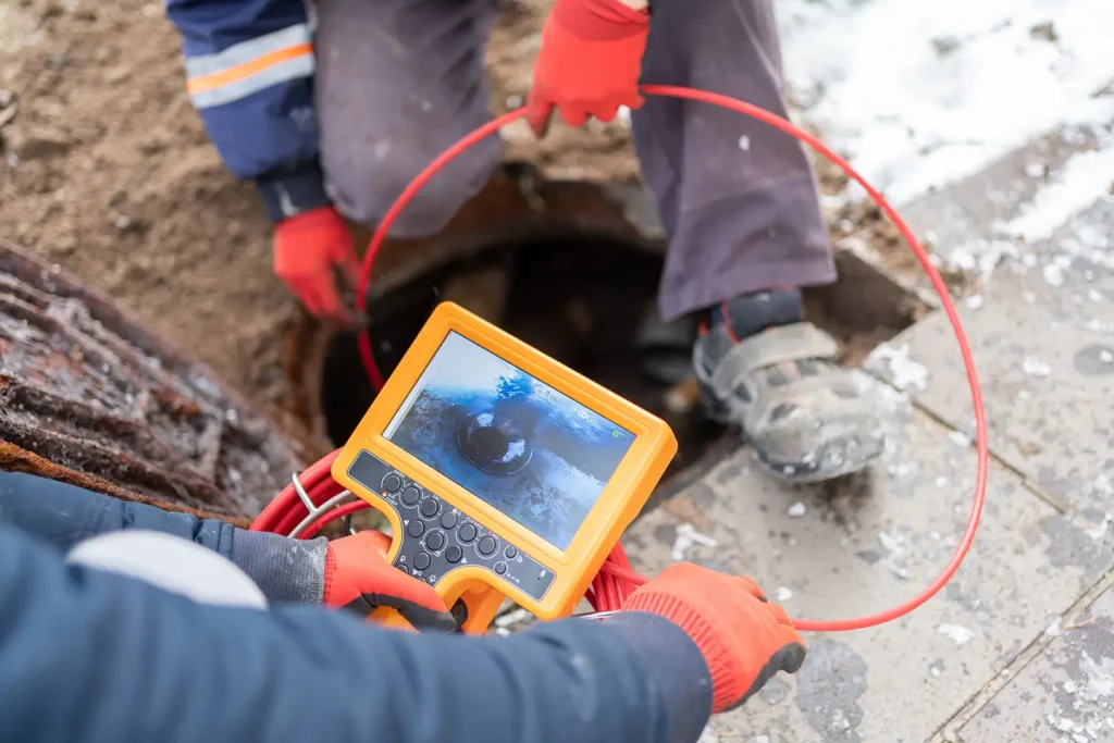 Technicians conducting an HD camera inspection of a sewer line before quoting repairs
