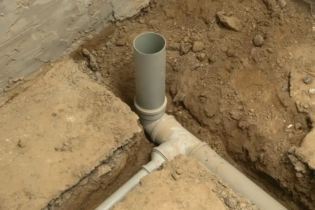 New PVC sewer pipe installed in an excavated trench during a line repair